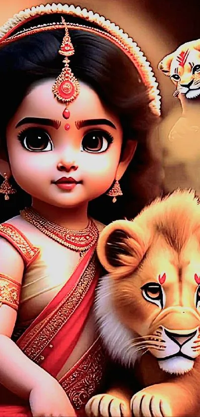 Divine child with a lion in traditional Indian attire.