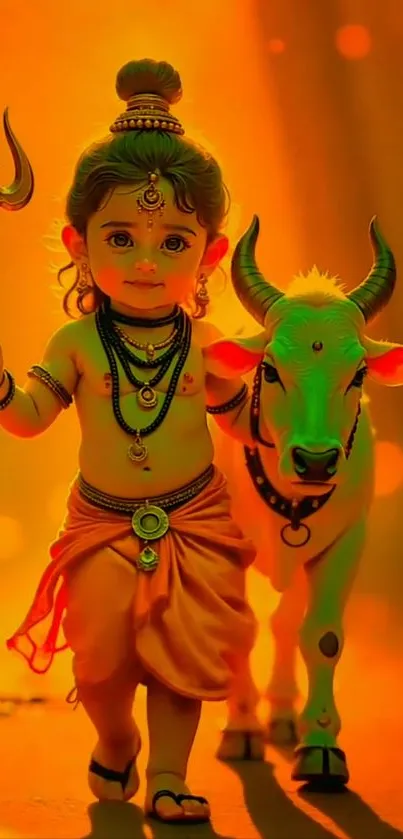 Divine child with trident and sacred cow in vibrant orange aura.