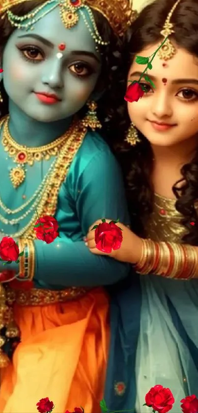 Two children in traditional attire with roses, vibrant colors.