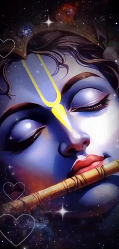 Krishna cosmic art with galaxy background and flute.