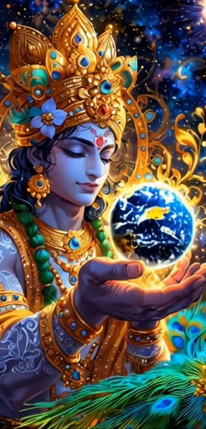 Divine being holding Earth in a vibrant cosmic scene with intricate details.