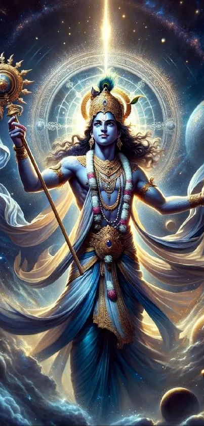 Divine cosmic deity in vibrant colors on a mobile screen wallpaper.