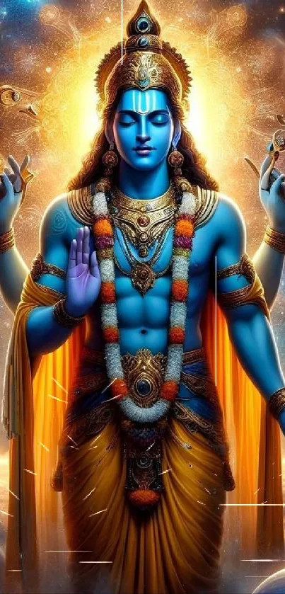 Colorful depiction of a divine cosmic deity with celestial backgrounds.