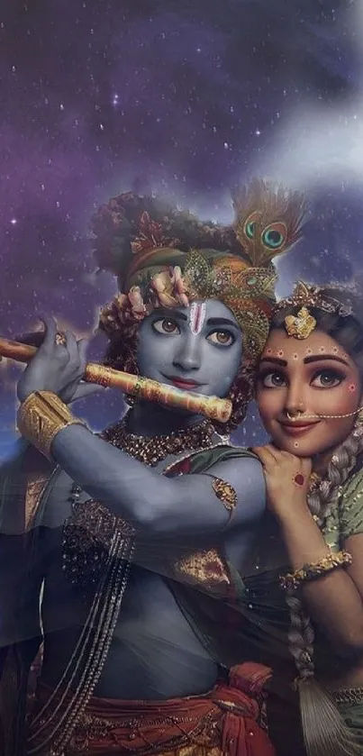 Divine couple under cosmic sky with flute in hand, set as artistic wallpaper.