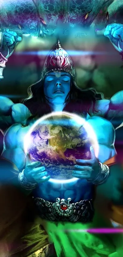 Mystical blue figure holds earth sphere with radiant colors.