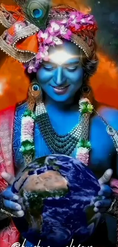 Divine figure holding Earth with cosmic background in vivid colors.