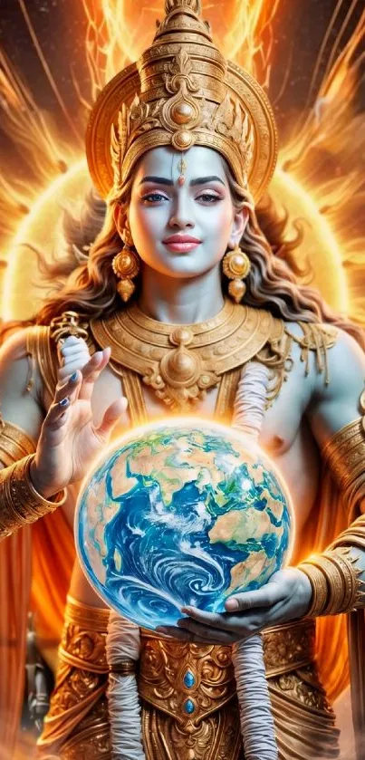 Divine deity holding Earth with golden cosmic energy.