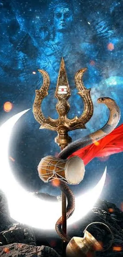 Divine cosmic trishul with moon and red fabric in a mystical blue setting.
