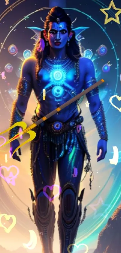 Vibrant wallpaper of a cosmic warrior with glowing symbols.