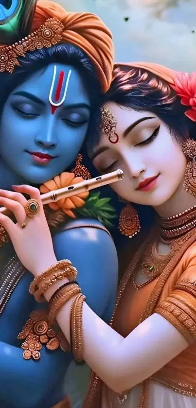 Divine couple embracing in vibrant colors, exuding peace and spirituality.