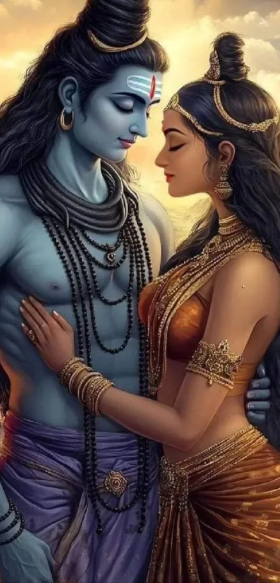 Divine couple Shiva and Parvati in art, embodying grace and affection.