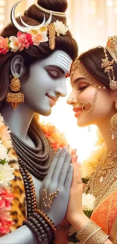 Artistic depiction of a divine couple with floral accents and glow.