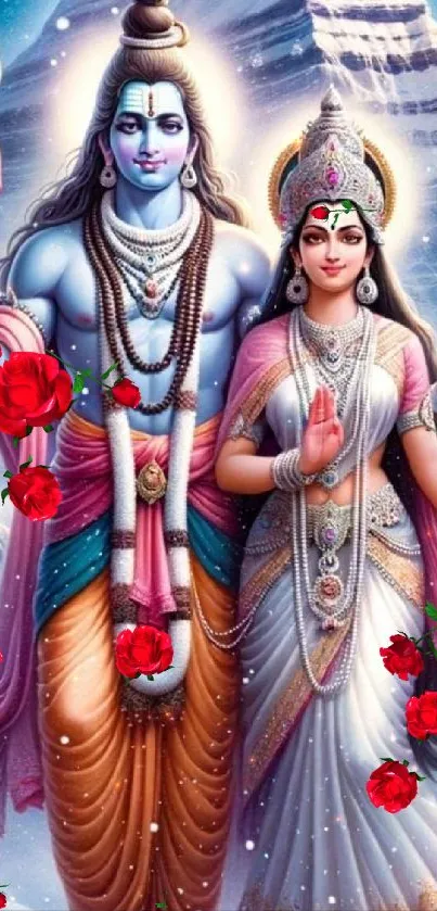 Divine couple adorned in vibrant clothing on a detailed artistic wallpaper.