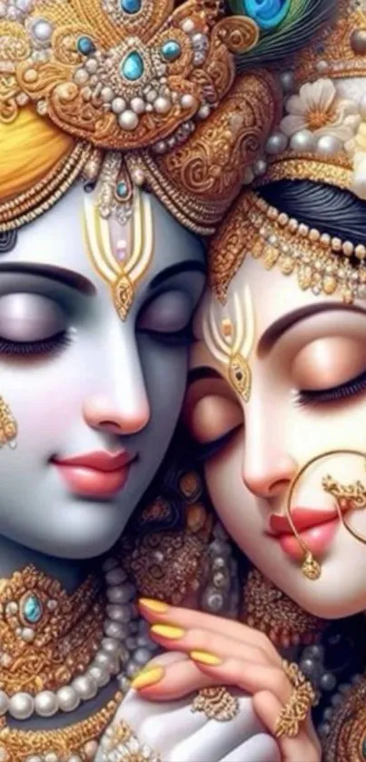 Divine couple with ornate details in an artistic mobile wallpaper.