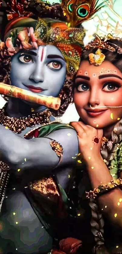 Divine couple in vibrant colors on a mobile wallpaper.