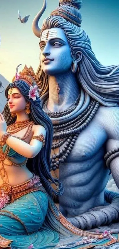 Artistic depiction of Lord Shiva and Goddess Parvati in a serene pose.