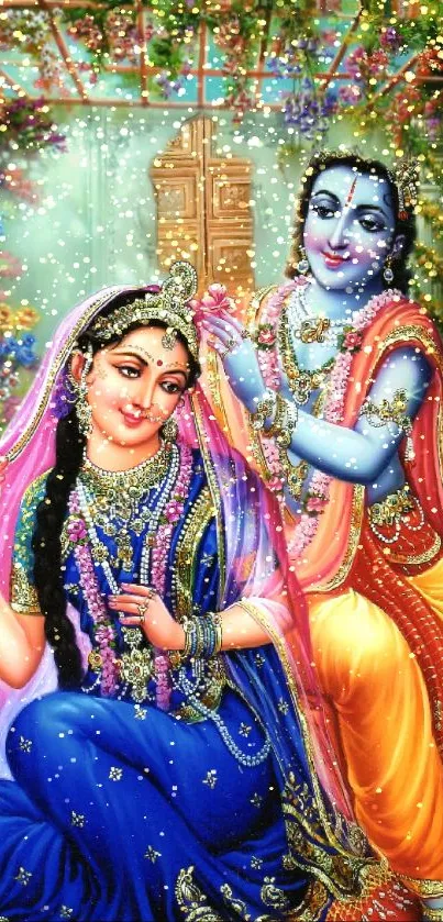 Divine couple in colorful artistic scene.