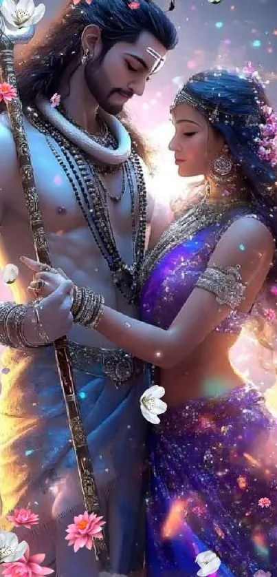 Divine couple fantasy art with purple hues and celestial elements.