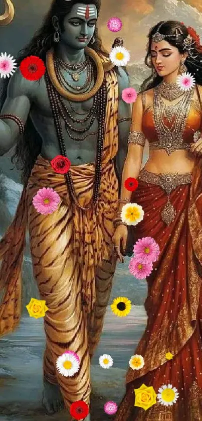 Divine couple in traditional attire surrounded by colorful flowers.