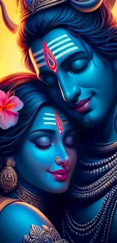 Divine couple embraced in vibrant colors, artistic wallpaper design.