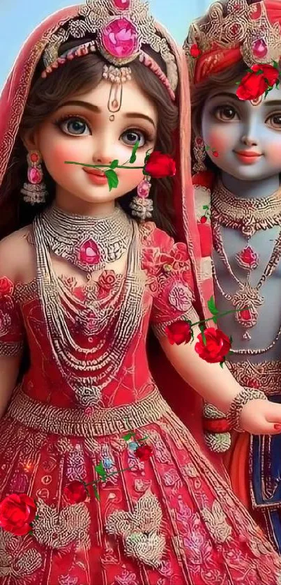 Beautiful divine couple in vibrant traditional attire mobile wallpaper.