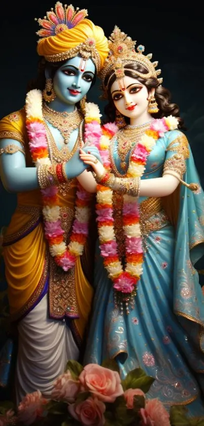 Vibrant depiction of a divine couple adorned in colorful attire and floral garlands.