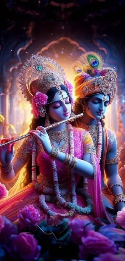 Divine couple surrounded by vibrant flowers gracefully depicted in blue and pink hues.