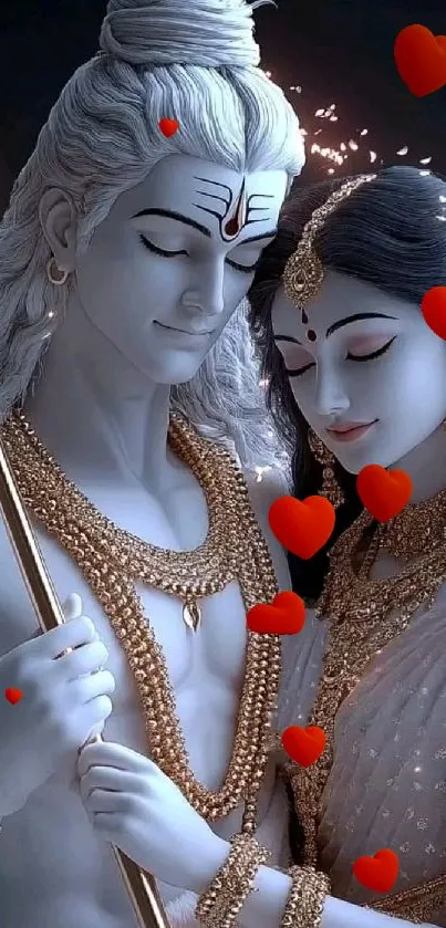 Divine couple in serene embrace with hearts, blue-gray background.