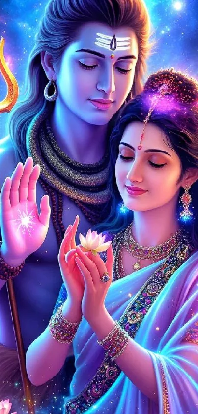 Vibrant artwork of a divine couple with cosmic hues.