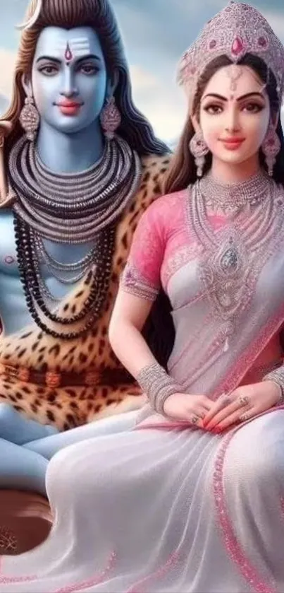 Serene depiction of a divine couple in a vibrant mobile wallpaper.