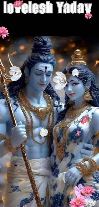 Lord Shiva and Parvati with flowers in a spiritual mobile wallpaper.