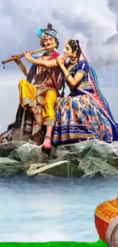 Divine couple sitting on rocky shoreline under a cloudy sky.