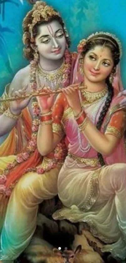 Divine couple playing flute in serene nature scene.