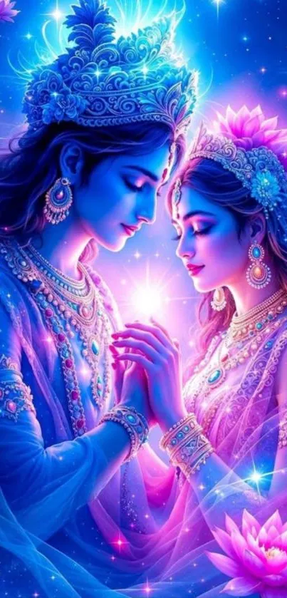 Divine couple bathed in radiant blue and pink glow with lotus flowers.