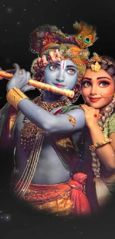 A colorful depiction of a divine couple against a black background.