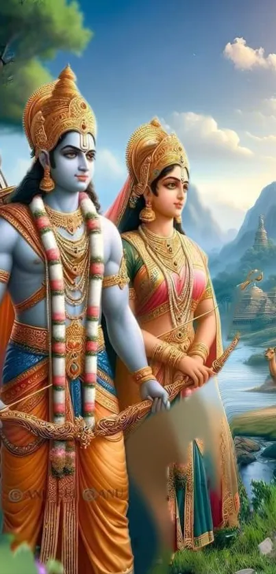 Divine couple in a vibrant, mythical landscape with mountains and greenery.