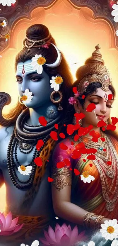 Divine couple surrounded by flowers and vibrant colors in spiritual wallpaper.