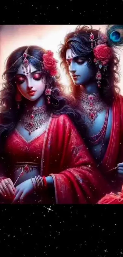 Divine couple in traditional attire with a celestial background.