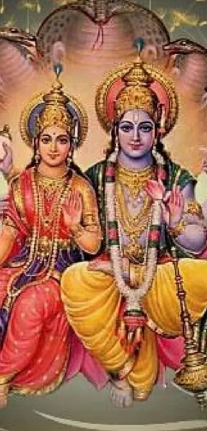 Divine couple on lotus with spiritual aura in vibrant colors.