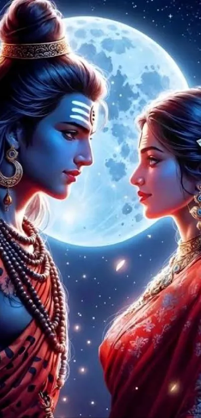 Divine couple under a radiant full moon, creating a serene and mystical atmosphere.