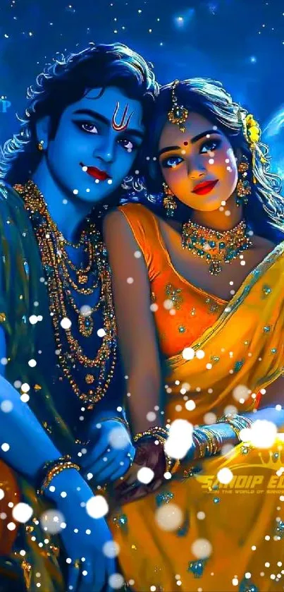 Divine couple under a moonlit sky with vibrant and mystical colors.