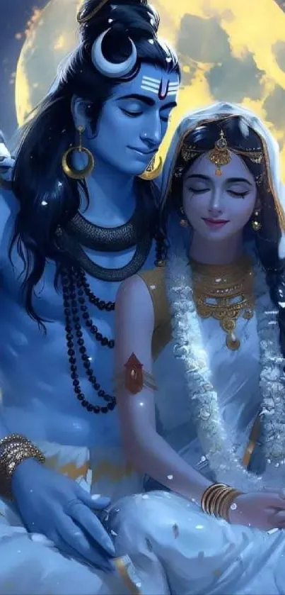 Divine couple under moonlit sky in serene artwork.