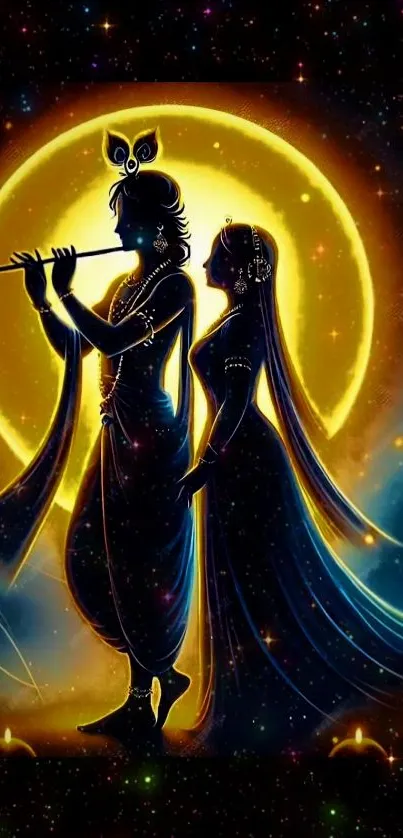 Silhouette of a divine couple under a glowing moonlit sky.