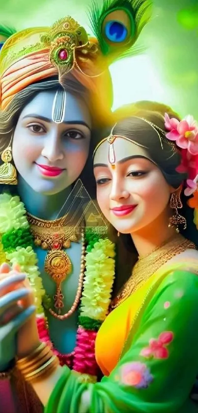 Vibrant, colorful depiction of a divine couple in artistic style.