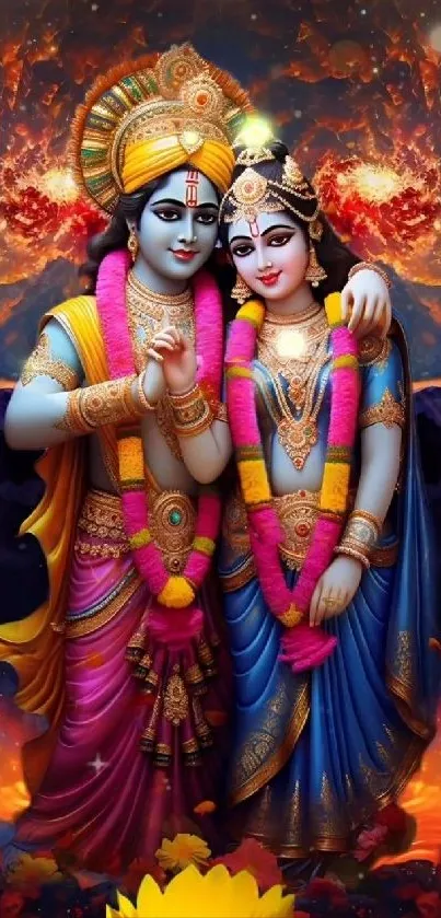 Vibrant depiction of a divine couple in colorful attire with an ethereal background.