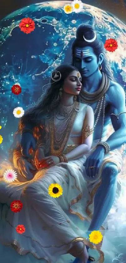 Blue-skinned divine couple surrounded by vibrant flowers on a cosmic background.