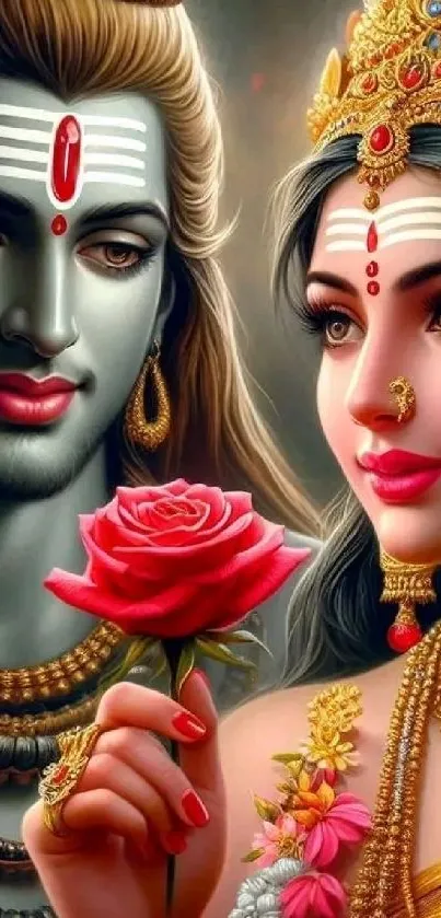 Divine deities depicted in vibrant colors holding a red rose.