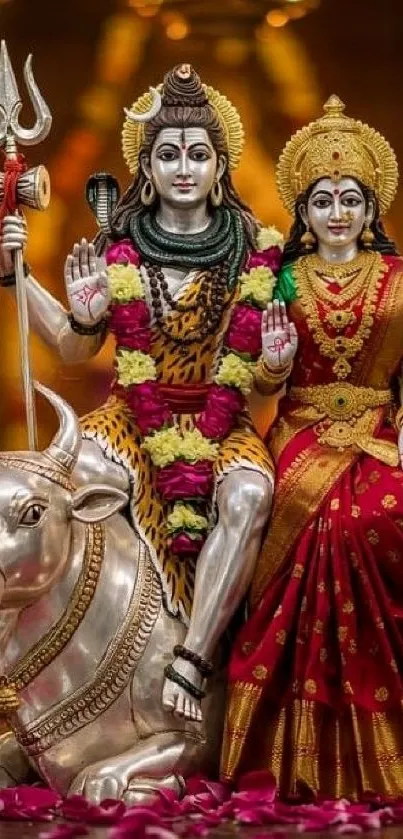 Divine deities adorned with garlands and traditional attire.