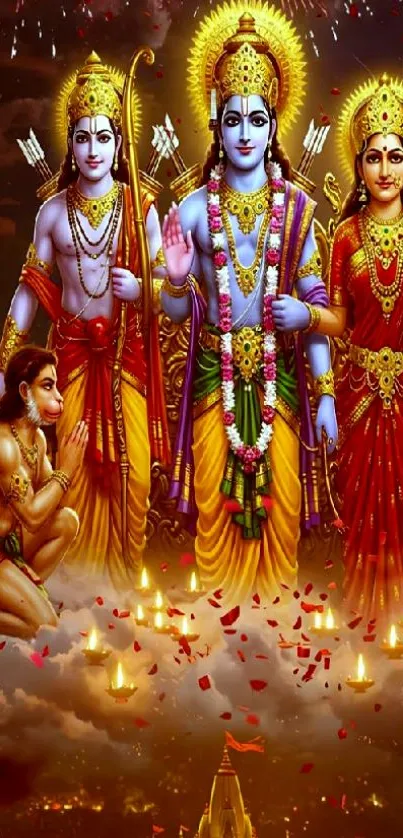 Divine deities in colorful outfits surrounded by vibrant lights.