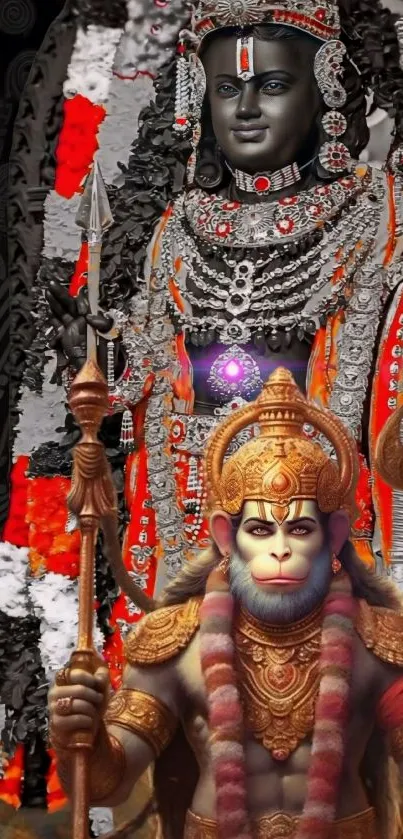 Vibrant mobile wallpaper with decorated deities in striking colors.